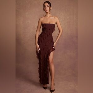 Oh Polly- Bandeau Ruffle Detail Maxi Dress in Brown